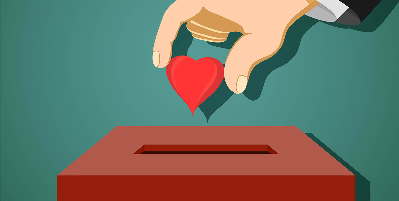 Man puts a red heart in to donation box. Charity and philanthrop, Man puts a red heart in to donation box. Charity and philanthropy. Stock illustration.